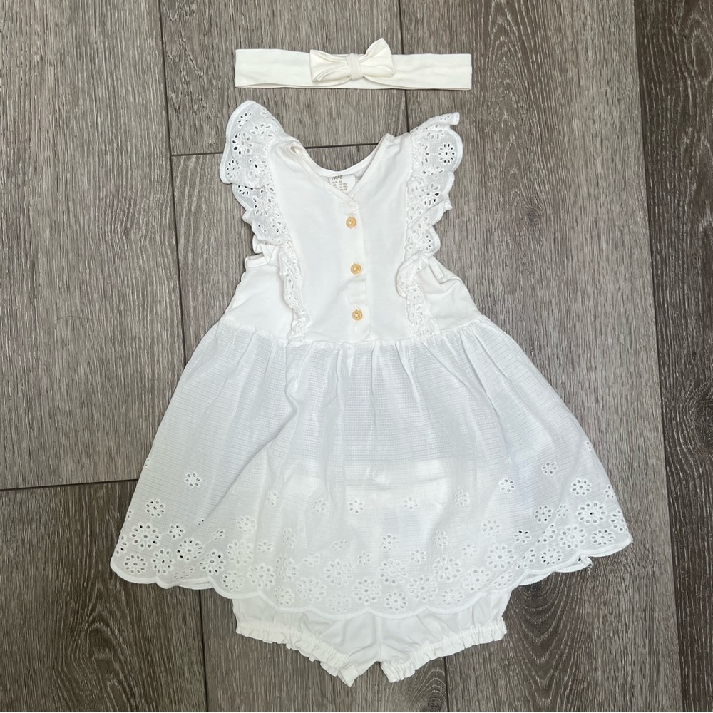 H&M 3PC SLEEVELESS DRESS WITH BLOOMERS AND HEADBAND WHITE 12-18MO